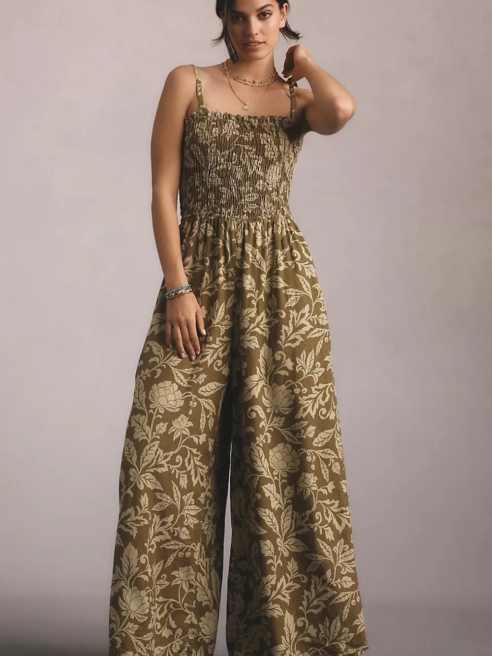Anthro Pilcro Smocked Wide-Leg Jumpsuit in Olive Floral
